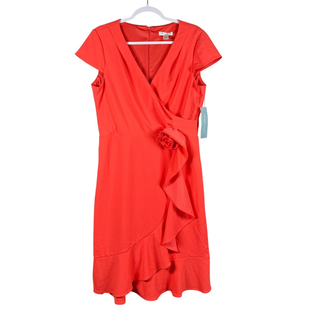 London Times Womens 12 Dress hot coral Ruffle Rosette Faux Wrap Cocktail Wedding